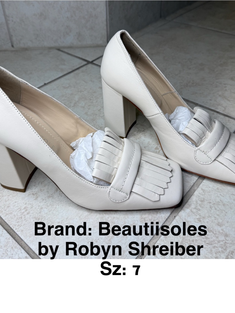 BeautiSoles by Robyn Shreiber Cream Fringe Block Heel Pumps
